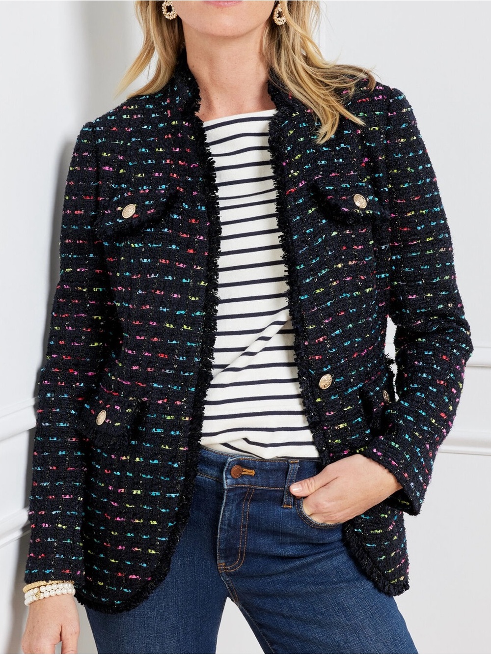 Talbots Midnight Sparkle Rainbow Tweed Jacket Navy Blue Multi Size 14